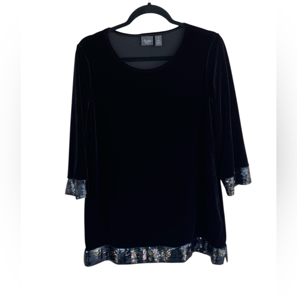 Chico’s Velvet Blouse Travelers Collection Size 1- M Black Sequin Trim Top
